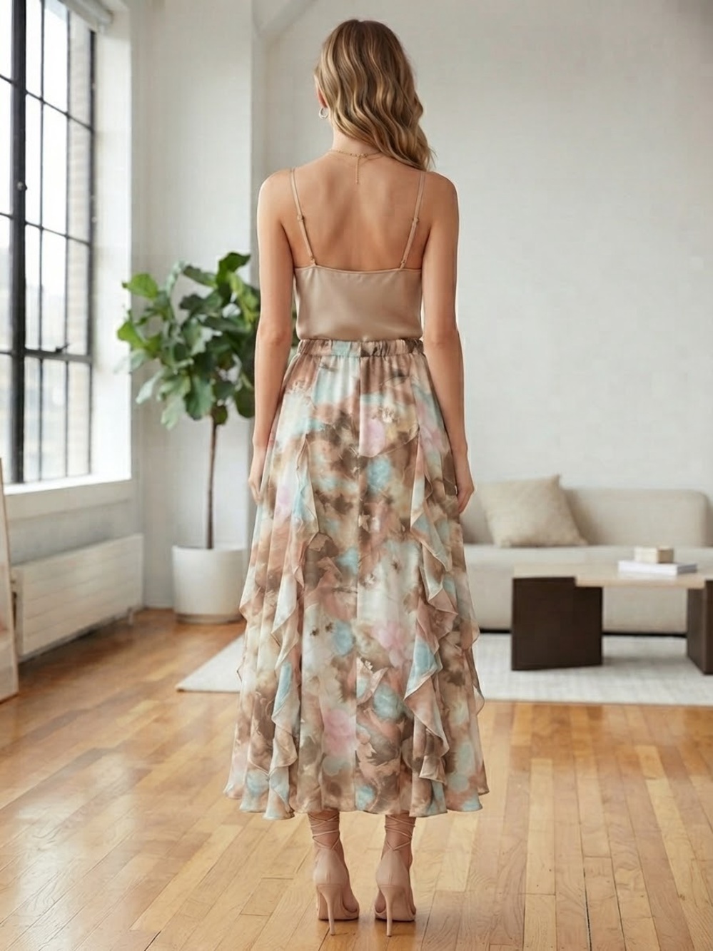 Alice Blue Neutral Watercolor Ruffle Maxi Skirt - Women - Picture 4 of 8